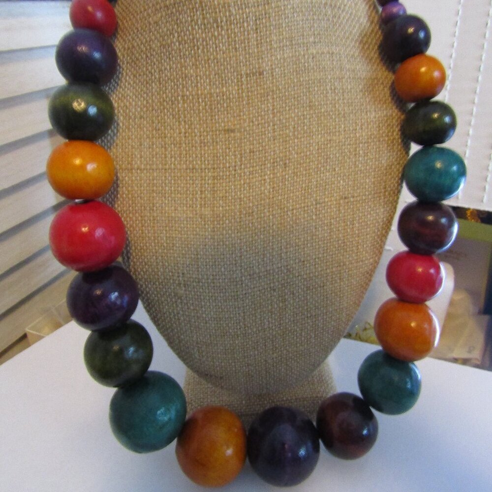 BIG & BRIGHT COLORED CHUNKY WOODEN BEADS Necklace 25" Boho